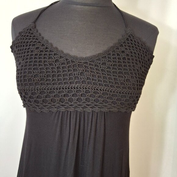 Crochet Halter Mini Sundress Black Beachy Slimming Empire Gathered Bodice Med - Picture 3 of 11